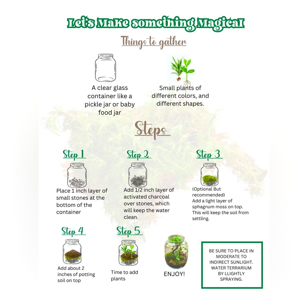 All the necessary soil, and decoration for you very own terrarium!